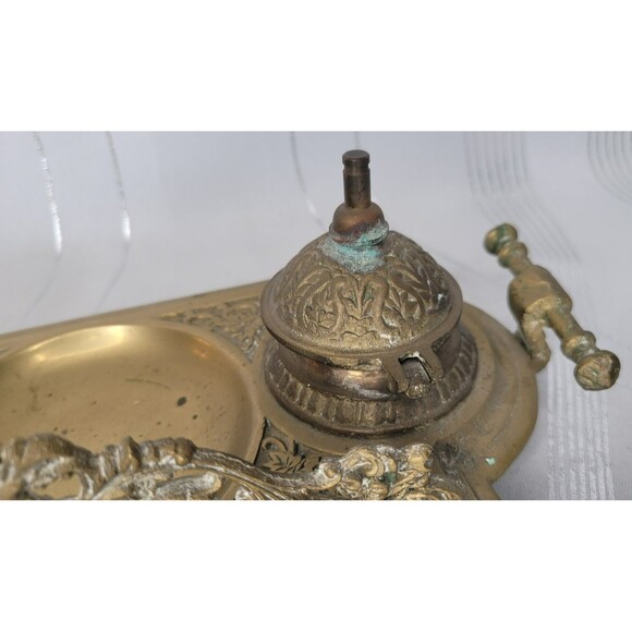 Vintage Ornate Double Ink Well Brass w Inserts Covers Decorative Desk Victorian - Picture 5 of 11